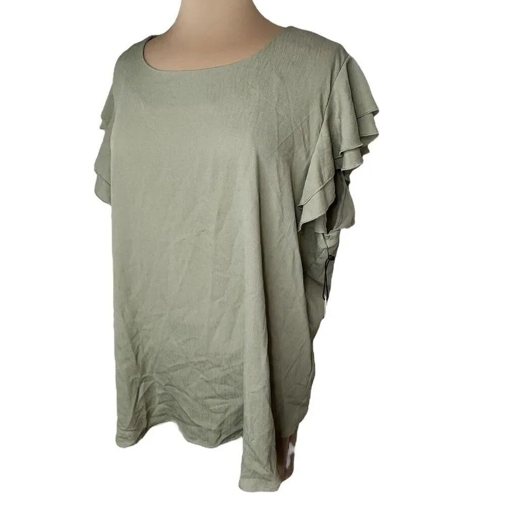 Milk & Honey Sz 3X Women's Blouse Army Green Flutter Ruffle Sleeve Top Shirt